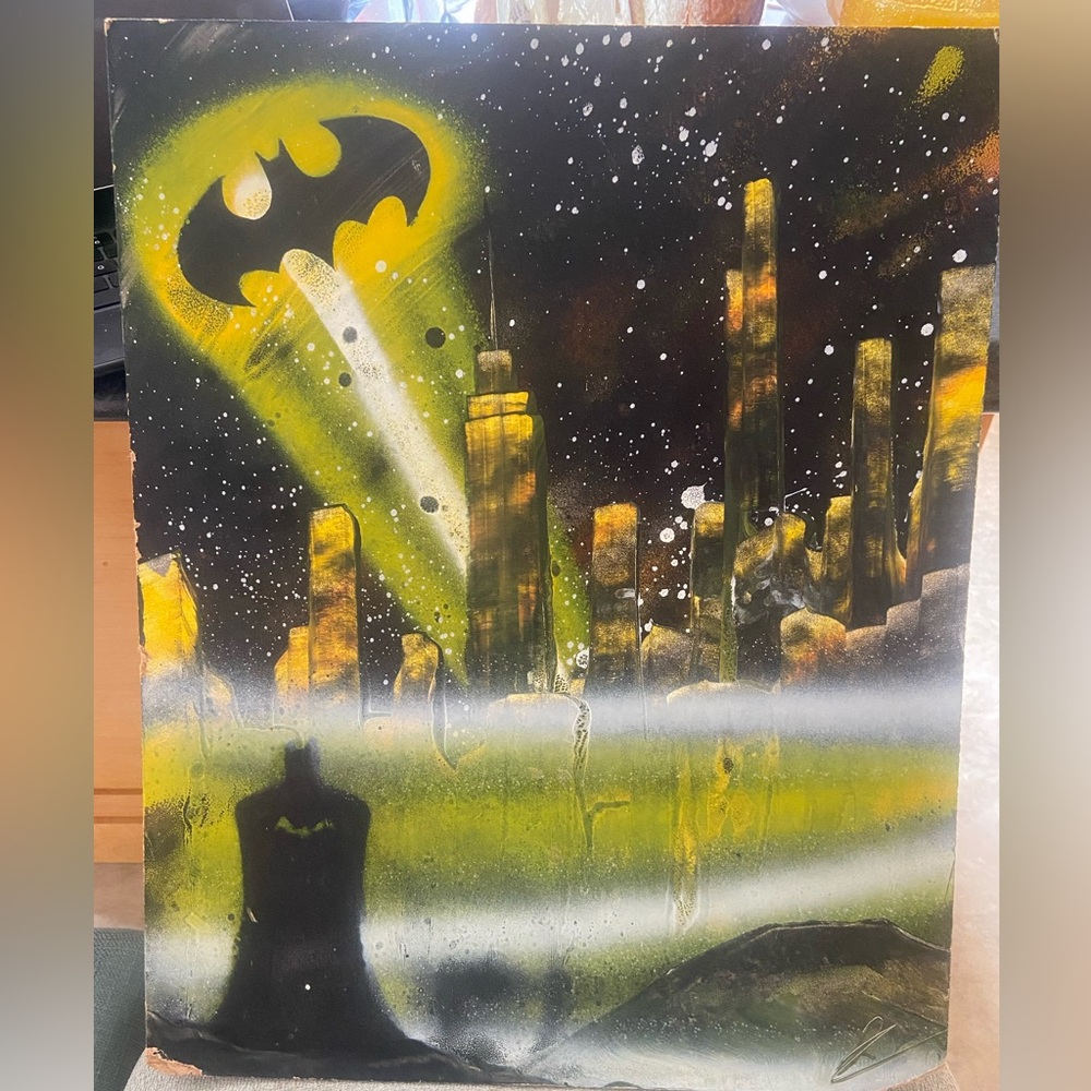 Gothic Cityscape Spray Art with Bat Symbol